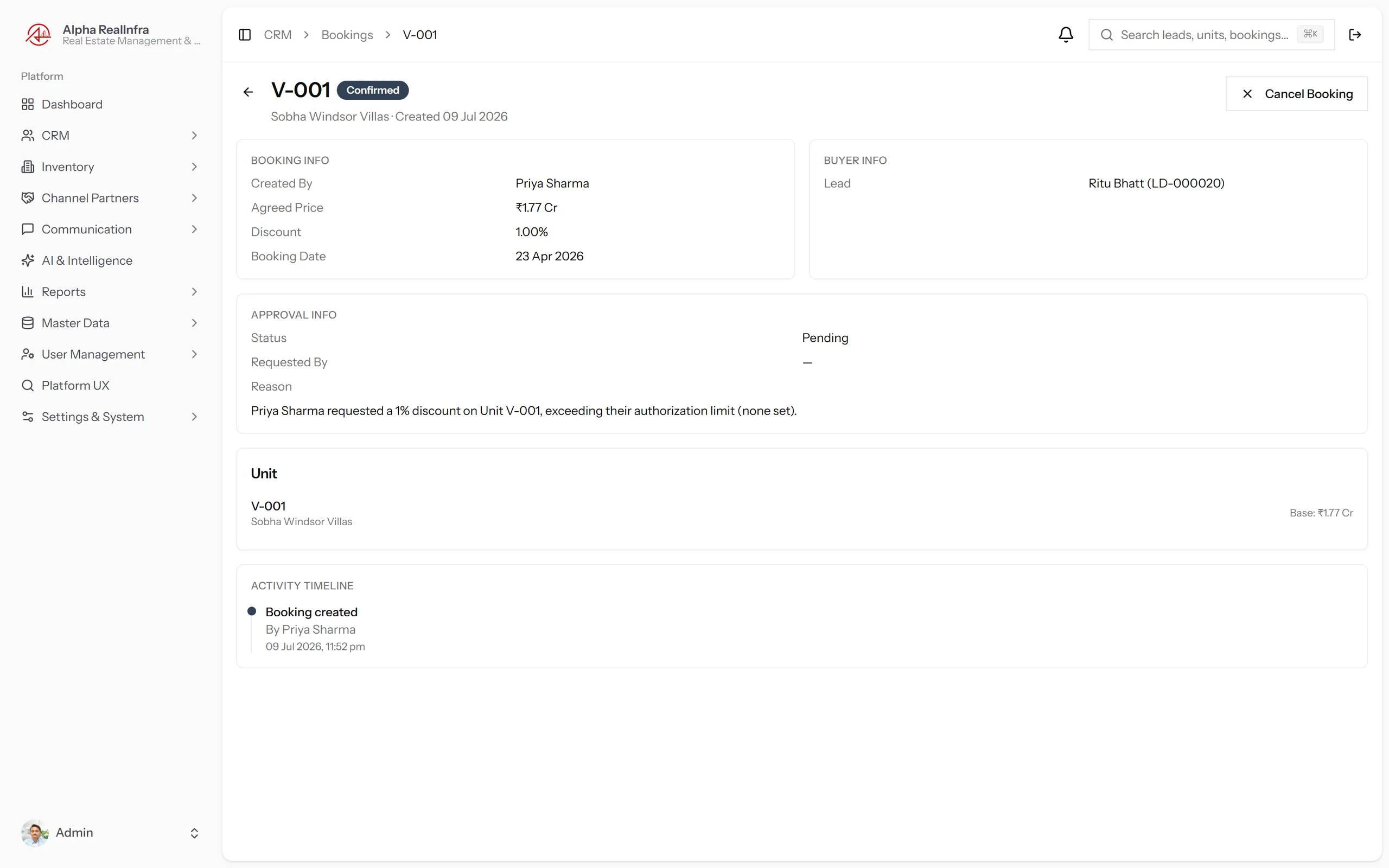 REMAAX booking detail showing unit, buyer, price, discount approval trail and confirmation