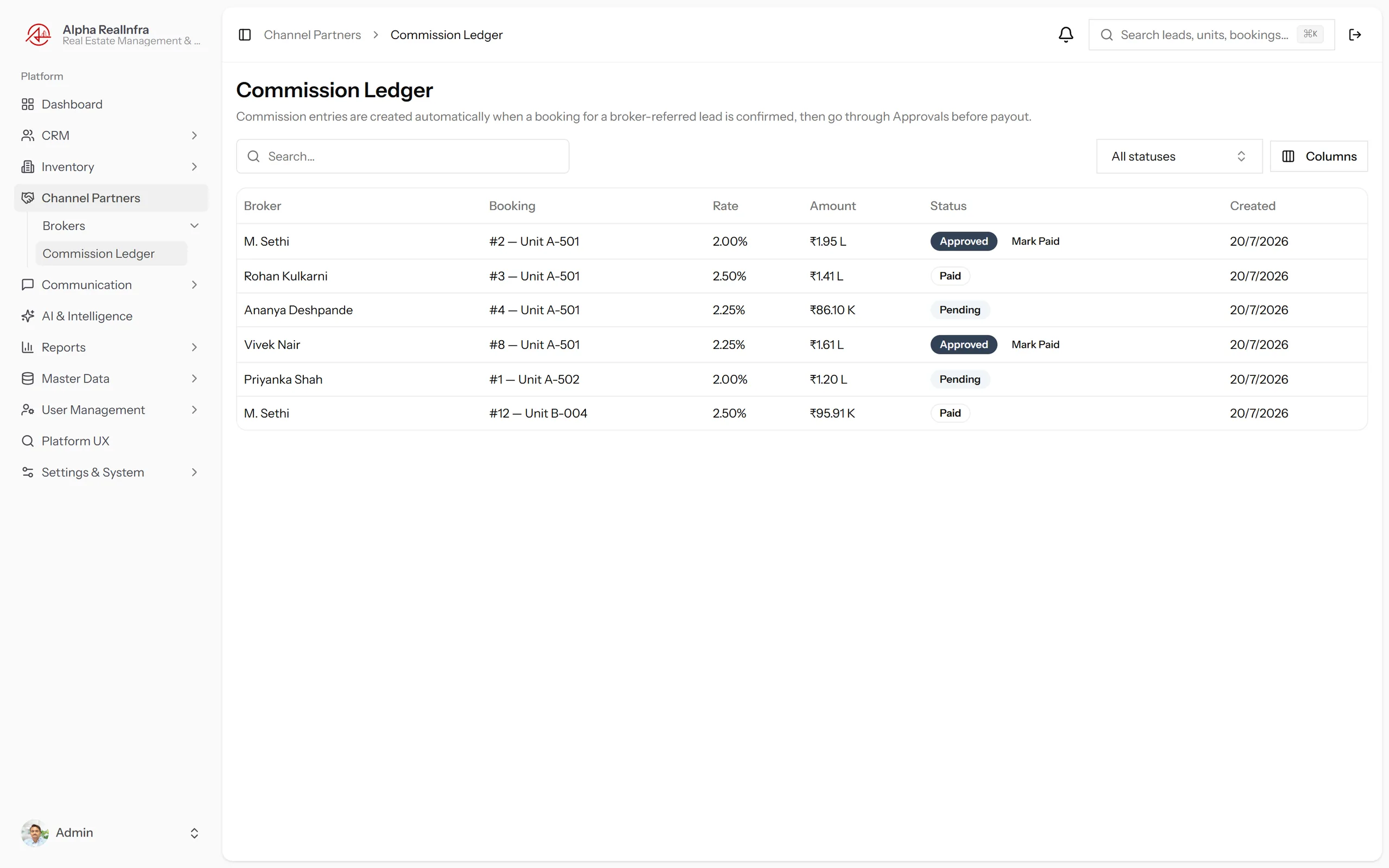 REMAAX commission ledger with partner entries showing pending, approved and paid status